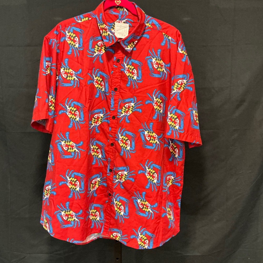 Route One Apparel Button Up Shirt 2XL Red Maryland Flag Blue Crab Short Sleeve